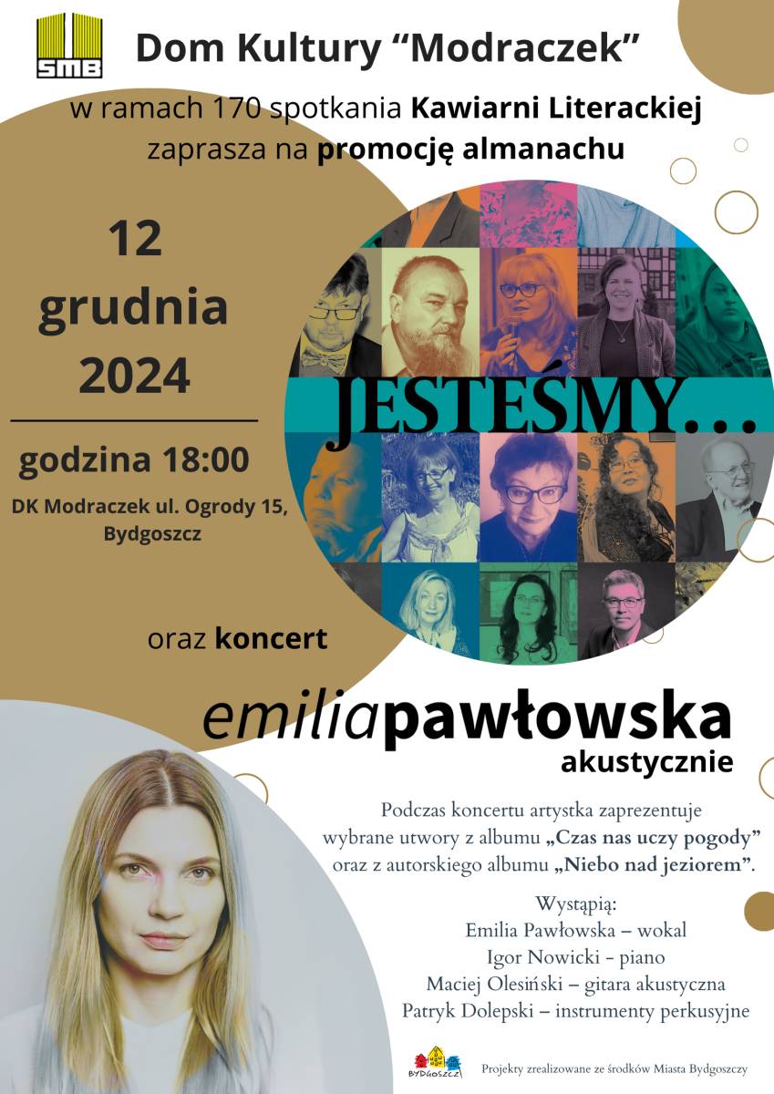 Plakat informacyjny 170. spotkania Kawiarni Literackiej, Portret młodej blondynki oraz kolaż wizerunków kilkunastu postaci.